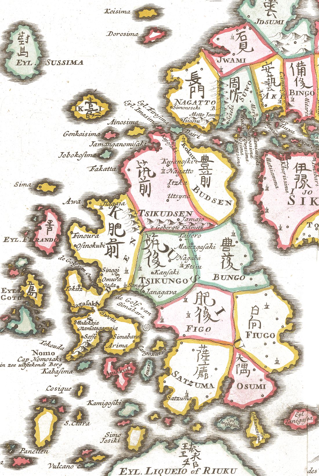 18世紀にヨーロッパで刷られた、手彩色の銅版の九州の古地図（オランダ語版、ケンペルの資料にもとづく）。旧国名が漢字とローマ字で記され、下端には琉球の文字が見える。その上に、蒸留の技が南（琉球経由）と北（朝鮮半島経由）から伝わったとされる道筋と、地域ごとの焼酎の原料（麦・米・芋・黒糖・泡盛）が書き添えてある。